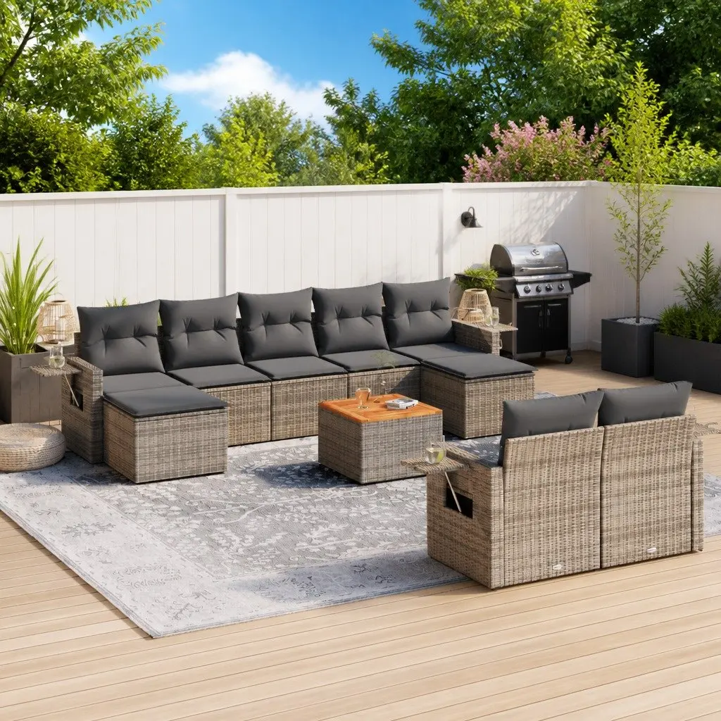 Outdoor Sectional Sofa Set 10 Piece Grey Poly Rattan Garden Furniture with