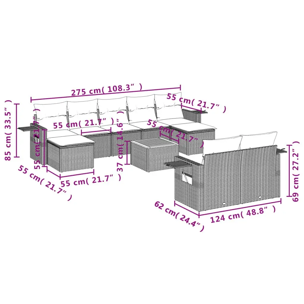 Outdoor Sectional Sofa Set 10 Piece Grey Poly Rattan Garden Furniture with