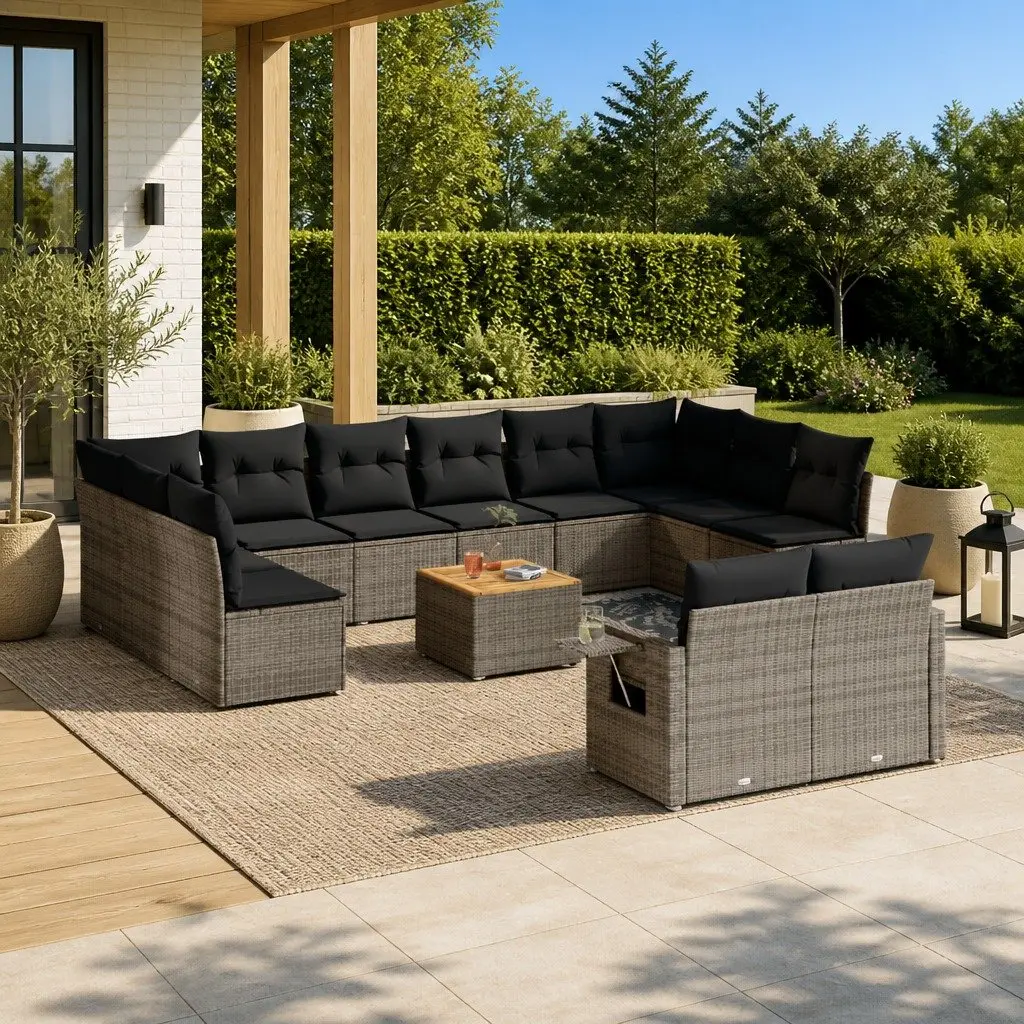 Outdoor Sectional Sofa Set Modular Grey PE Rattan 13 Piece