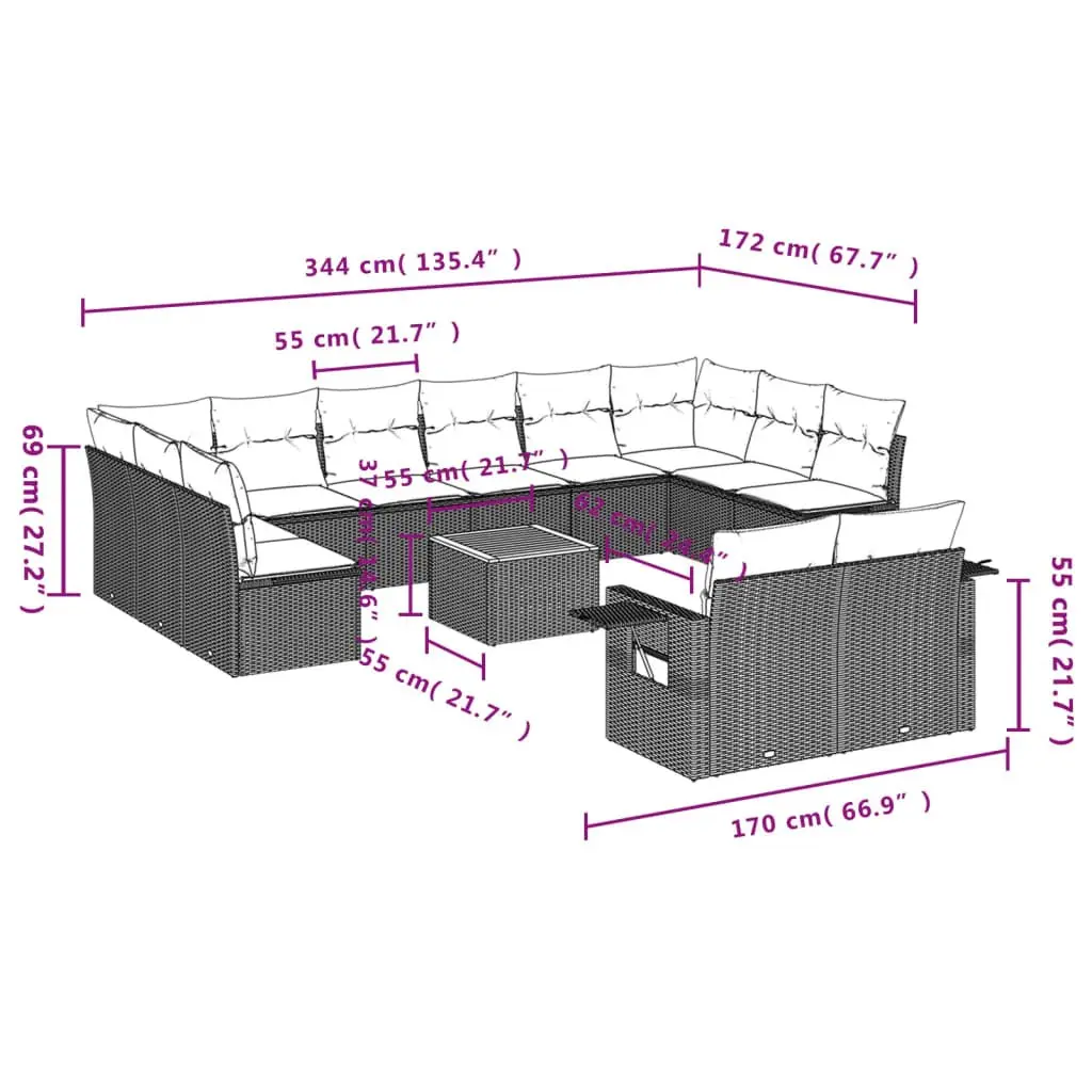 Outdoor Sectional Sofa Set Modular Grey PE Rattan 13 Piece