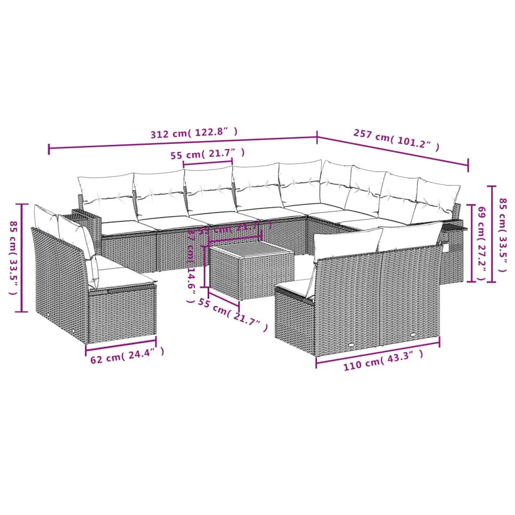 Outdoor Sectional Sofa Set 13 Piece Garden Furniture Grey Poly Rattan with