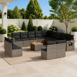 14-Piece Grey Rattan Modular Outdoor Sofa Set with Cushions