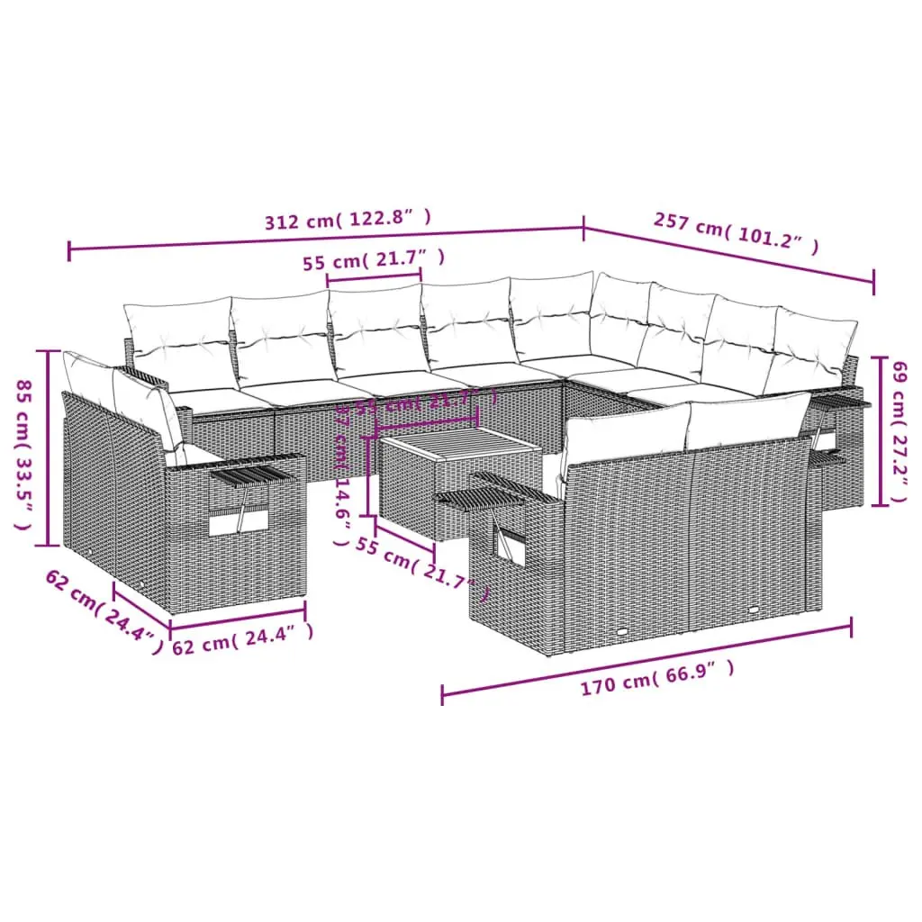 Outdoor Sectional Sofa Set 13 Piece Grey Poly Rattan Garden Furniture Patio