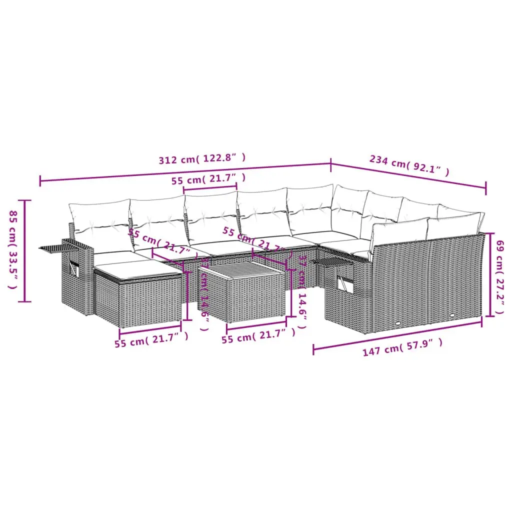 Outdoor Sectional Sofa Set 11 Piece Grey Garden Furniture with Cushions Side