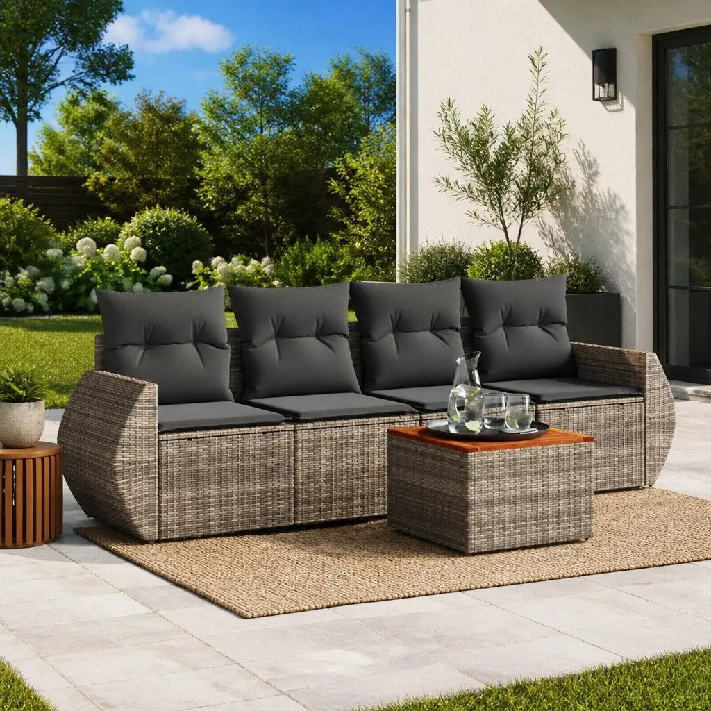 Outdoor Garden Sofa Set Modular 5 Piece Grey Poly Rattan with Cushions