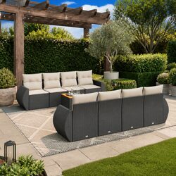 Garden Sofa Set 9 Piece Outdoor Furniture Black Poly Rattan Patio Lounge with