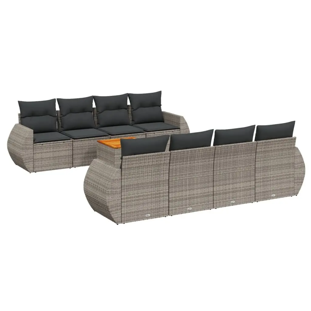 Garden Sofa Set 9 Piece Outdoor Furniture Grey Poly Rattan with Acacia Wood Table Top