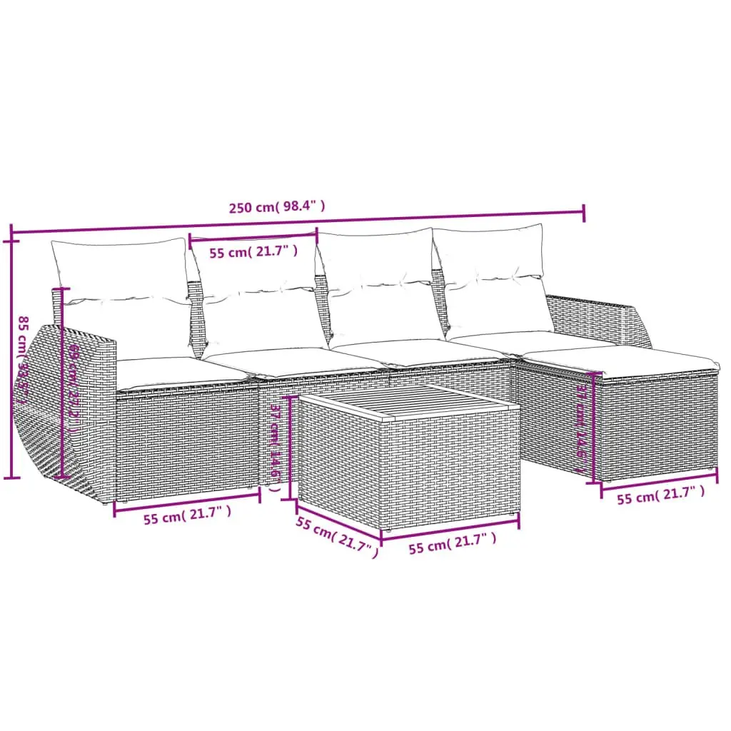 Garden Sofa Set 6 Piece Outdoor Furniture with Cushions Grey Poly Rattan Modular