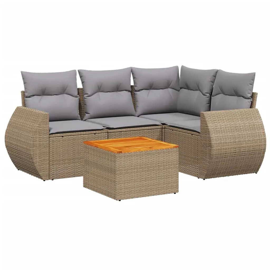 5 Piece Garden Sofa Set Outdoor Patio Furniture with Cushions Beige Rattan