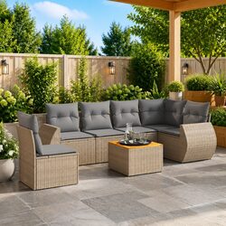 7 Piece Outdoor Garden Sofa Set Beige Patio Furniture with Cushions Table