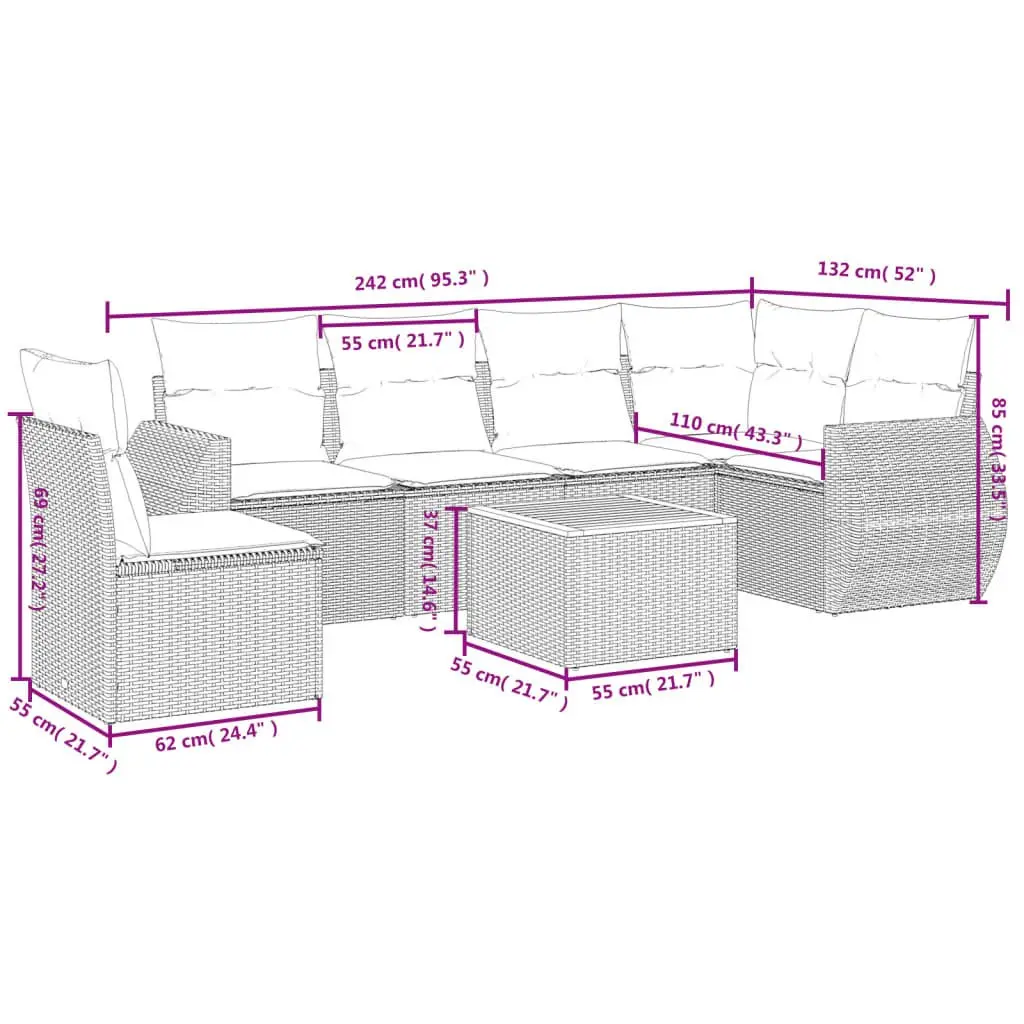 Garden Sofa Set 7 Piece Outdoor Furniture Grey Poly Rattan Modular Patio Seating