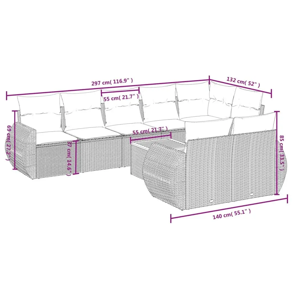 Garden Sofa Set 9 Piece Outdoor Furniture Patio Seating Grey Poly Rattan with