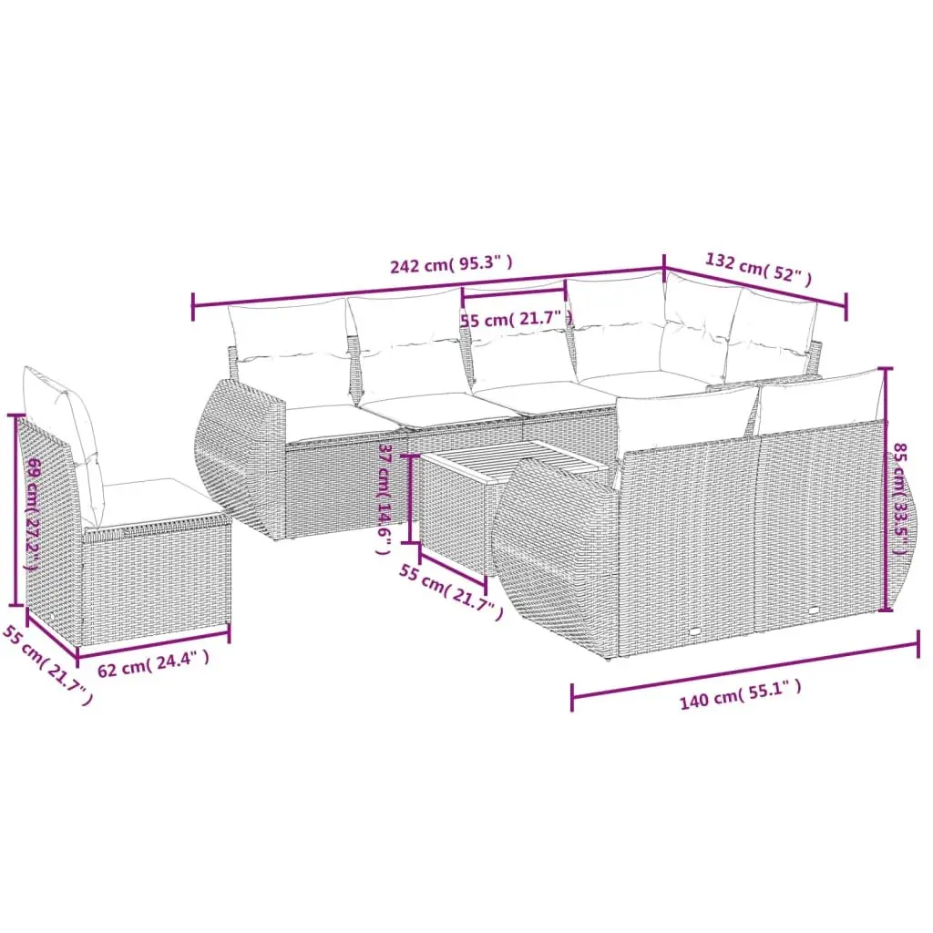 Garden Sofa Set 9 Piece Outdoor Furniture Patio Seating Beige with Cushions