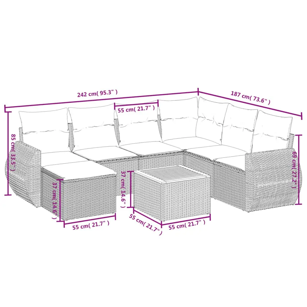 Garden Sofa Set 8 Piece Outdoor Furniture Patio Lounge Grey Poly Rattan Cushions