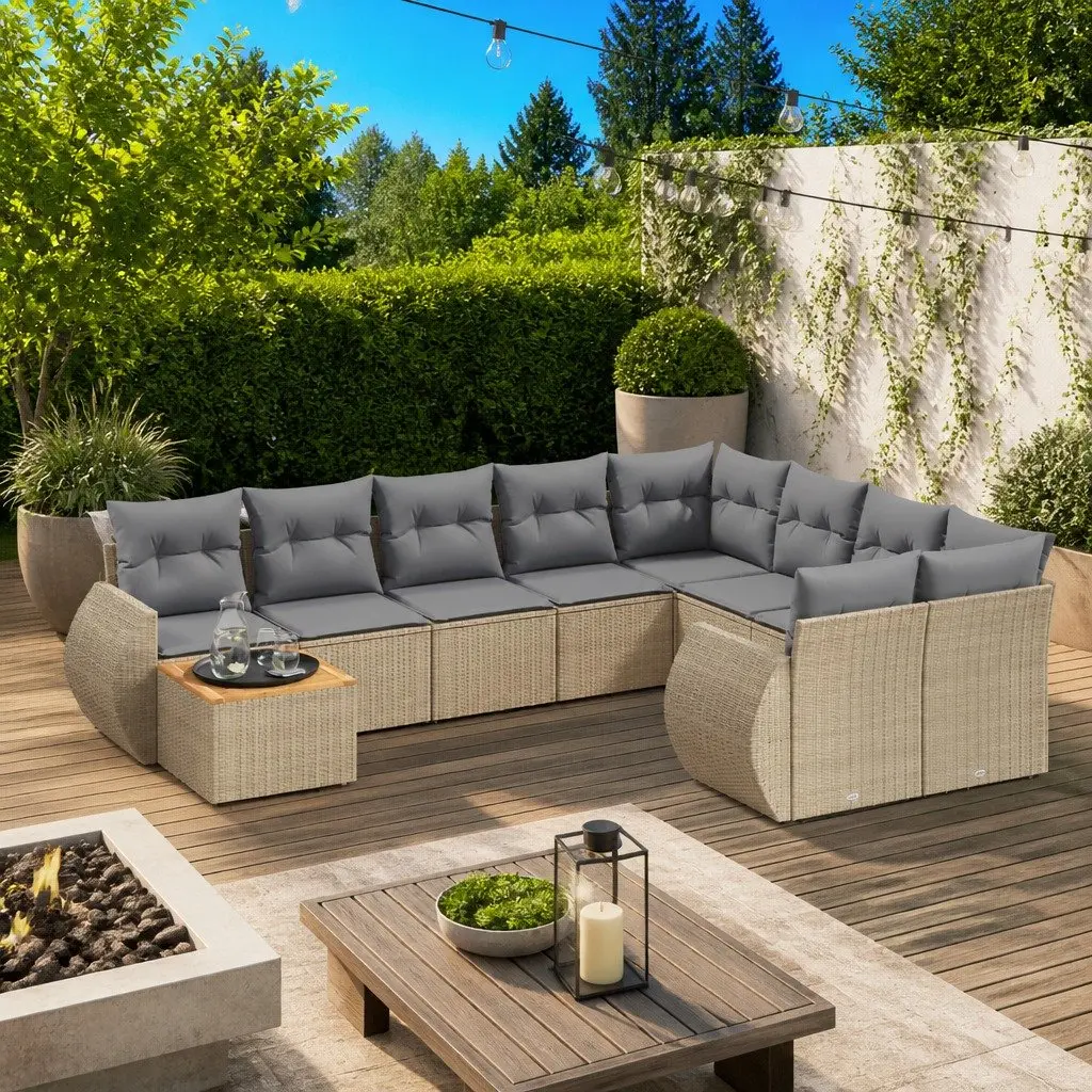 10 Piece Modular Outdoor Garden Sofa Set Beige Poly Rattan with Cushions