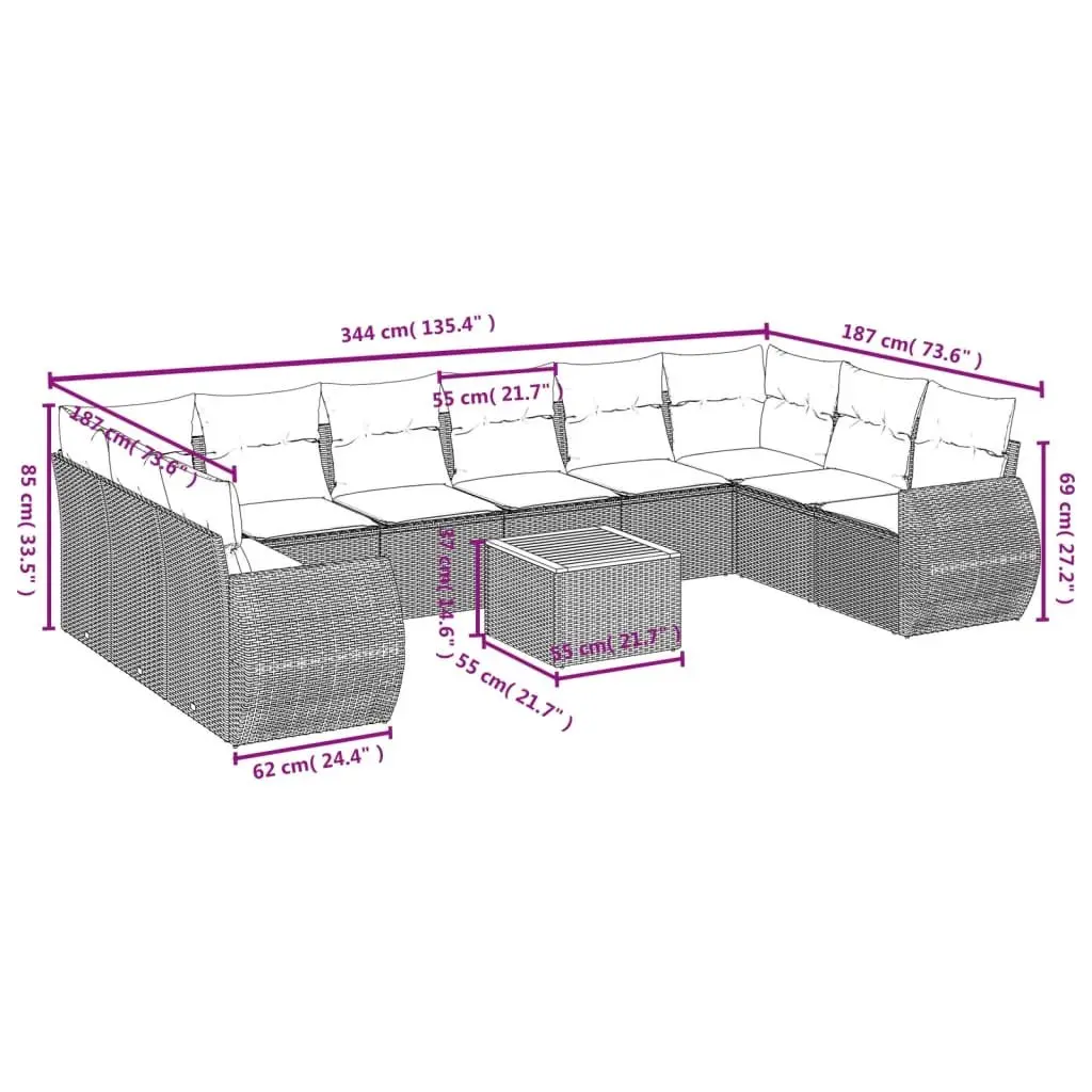 Garden Sofa Set 11 Piece Outdoor Furniture Grey Poly Rattan Patio Seating with