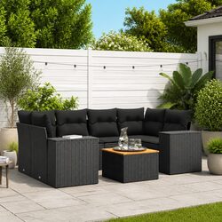 7 Piece Outdoor Garden Sofa Set with Cushions Black Poly Rattan Patio Furniture