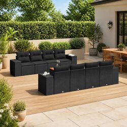 9 Piece Outdoor Garden Sofa Set with Cushions Black Poly Rattan Patio Furniture