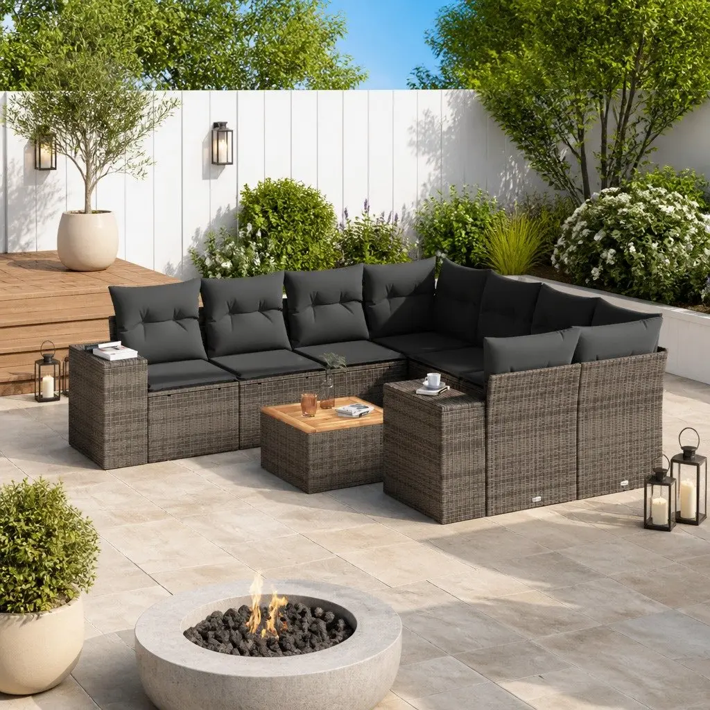 Garden Sofa Set 9 Piece Outdoor Furniture Grey Poly Rattan with Cushions Patio