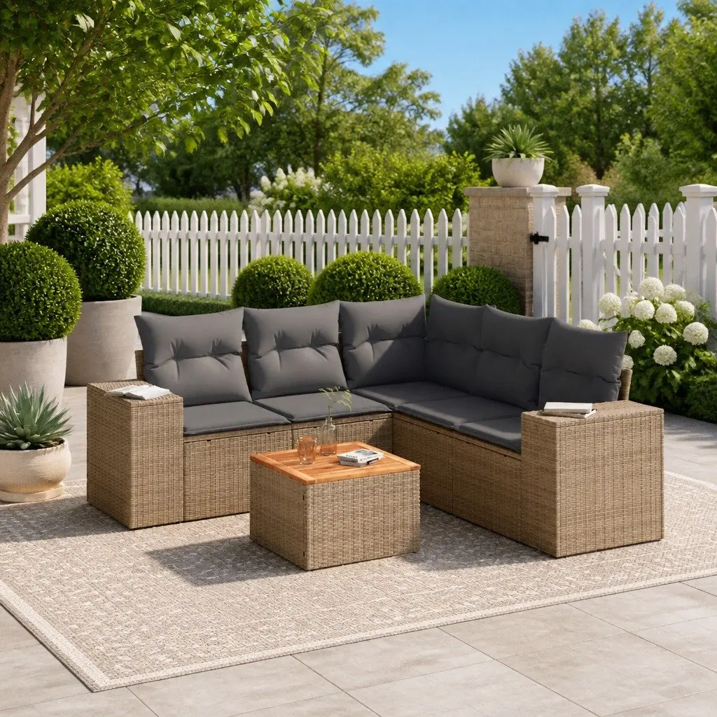 Garden Sofa Set 6 Piece Outdoor Furniture Patio Beige Poly Rattan Modular