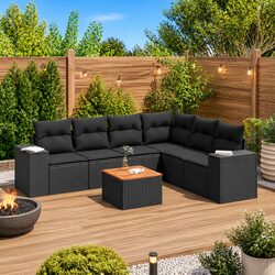 7 Piece Outdoor Garden Sofa Set with Cushions Black Poly Rattan Patio Furniture