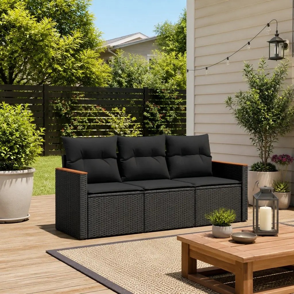 Outdoor Garden Sofa Set Modular Cushioned Black Rattan 3 Piece