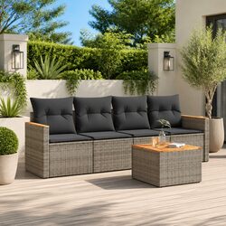 5-Piece Modular Grey Rattan Sofa Set with Washable Cushions