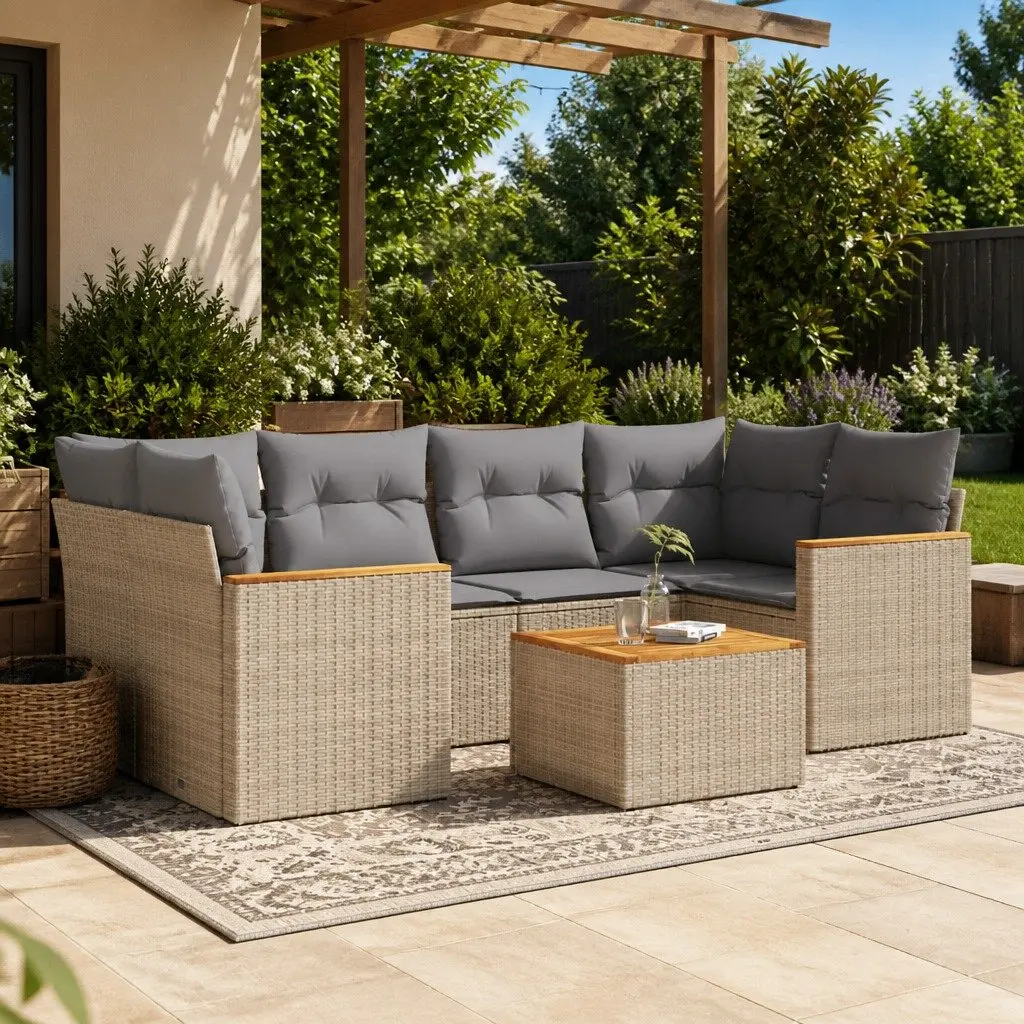 Modular Outdoor Sofa Set 7 Piece Beige Poly Rattan Patio Furniture