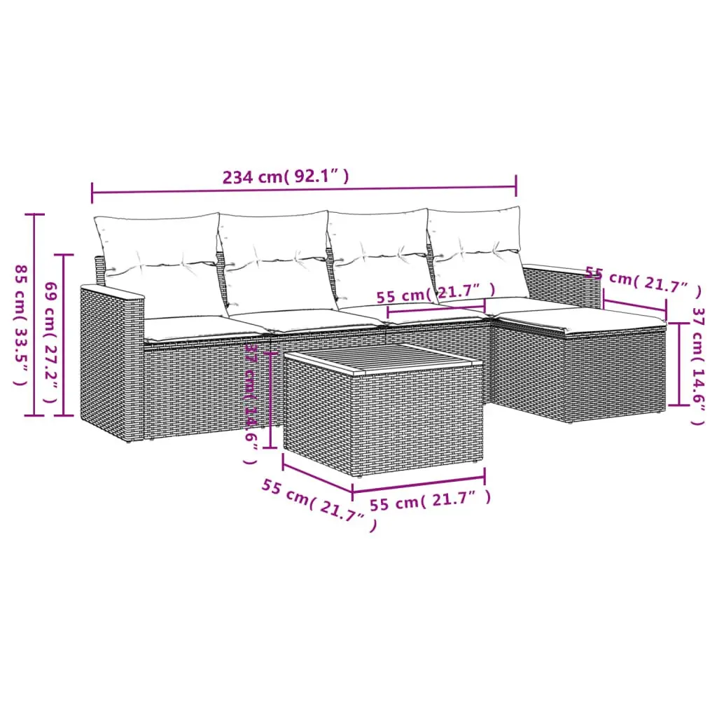 Garden Sofa Set 6 Piece Outdoor Furniture Grey Patio Lounge Sectional with