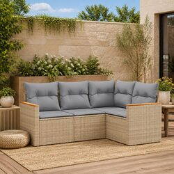 Garden Sofa Set 4 Piece Outdoor Furniture Patio Beige Poly Rattan with Cushions