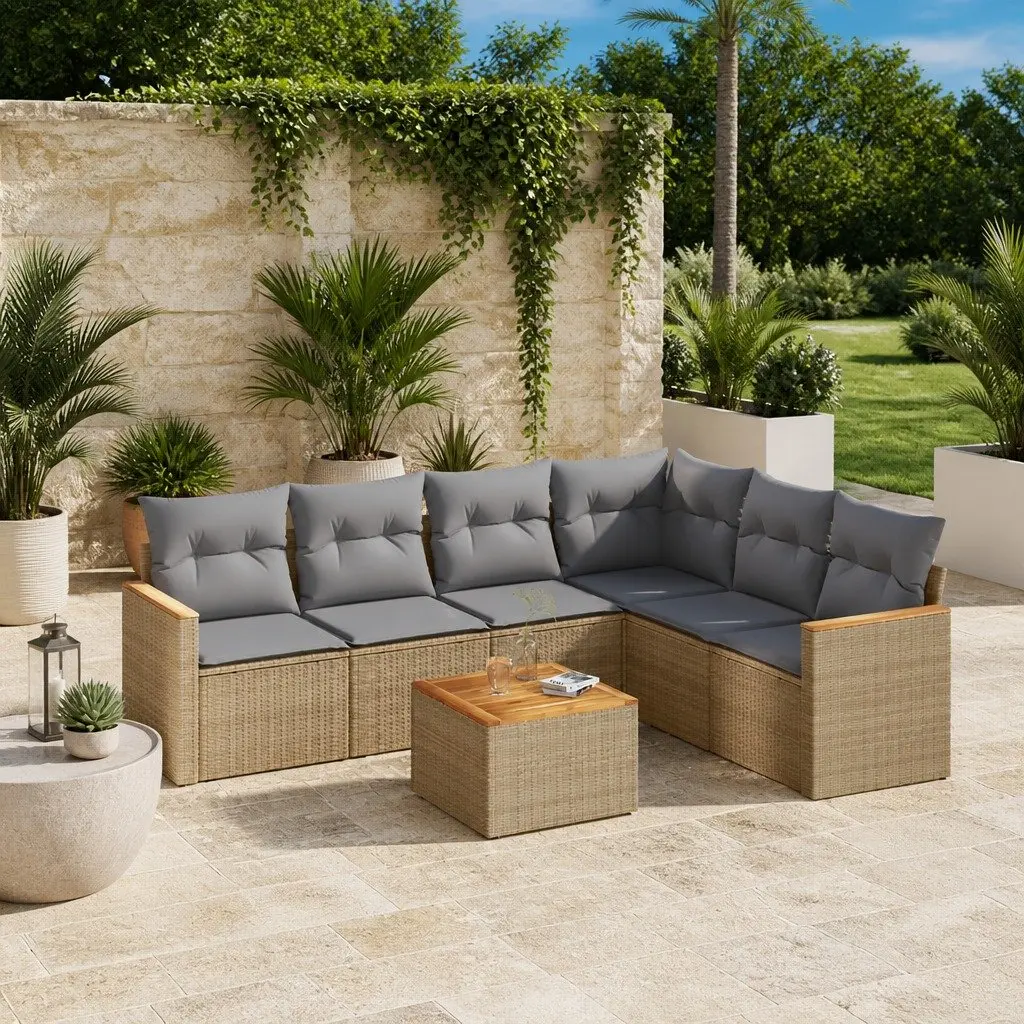 Garden Sofa Set 7 Piece Outdoor Furniture Patio Beige Poly Rattan Modular