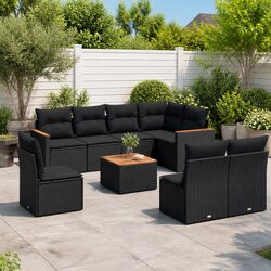 Garden Sofa Set 9 Piece Outdoor Furniture Black Poly Rattan Patio Seating with