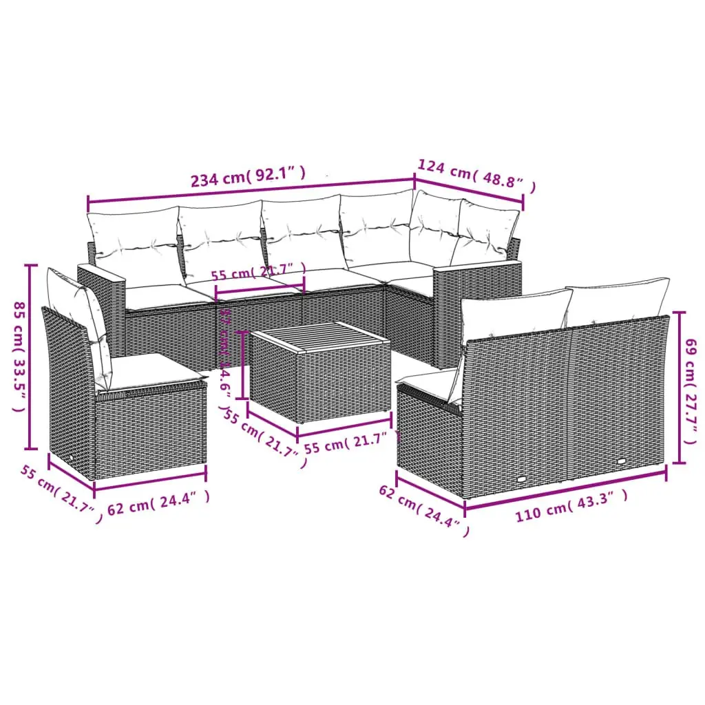 Garden Sofa Set 9 Piece Outdoor Furniture Beige Poly Rattan Cushions