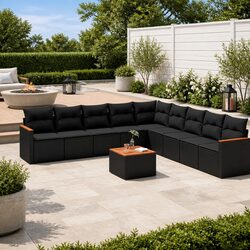 10 Piece Garden Sofa Set Outdoor Furniture Patio Conversation Black Poly Rattan