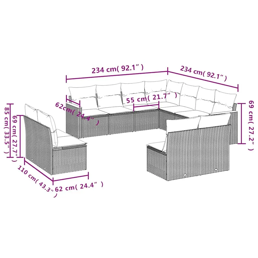 Garden Sofa Set Modular Black Rattan Cushioned 11 Piece