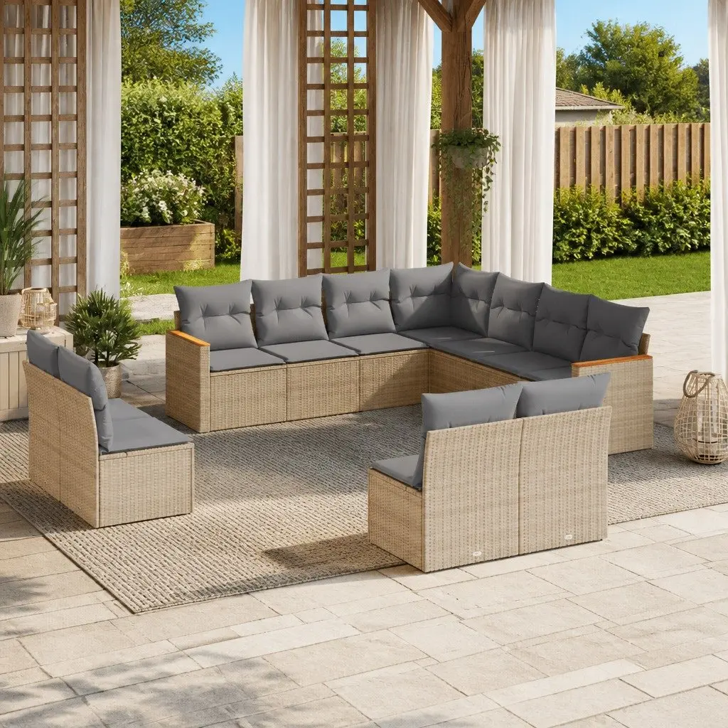 11 Piece Modular Patio Sofa Set with Beige Cushions for Outdoor Living