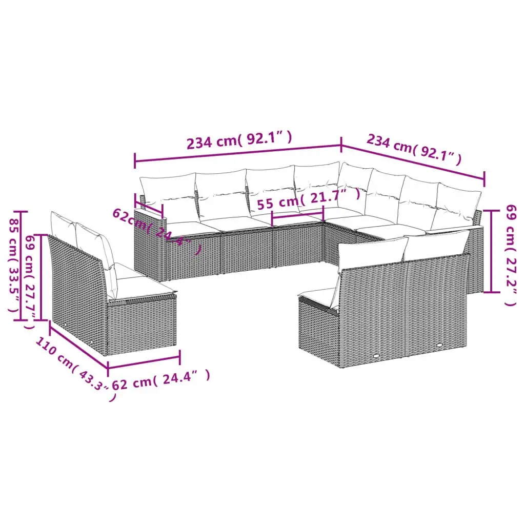 11 Piece Modular Patio Sofa Set with Beige Cushions for Outdoor Living