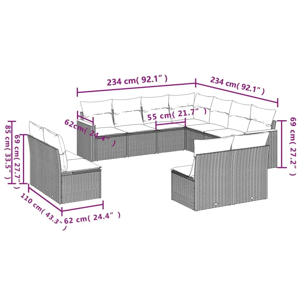 Outdoor Furniture Modular Garden Sofa Set Grey Cushions 11 Piece