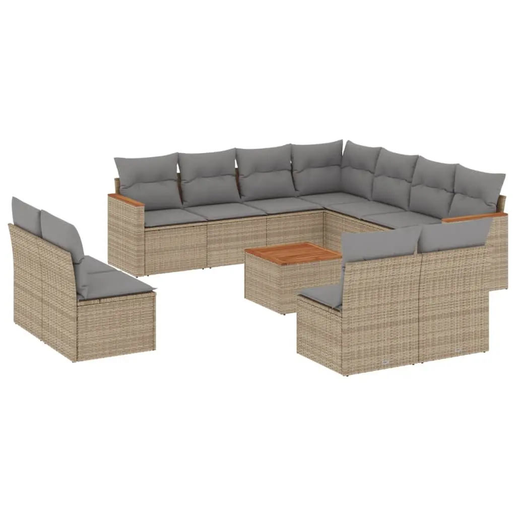 12 Piece Outdoor Patio Lounge Set Modular Beige Poly Rattan Sofa with Removable Cushions and Acacia Wood Tabletop