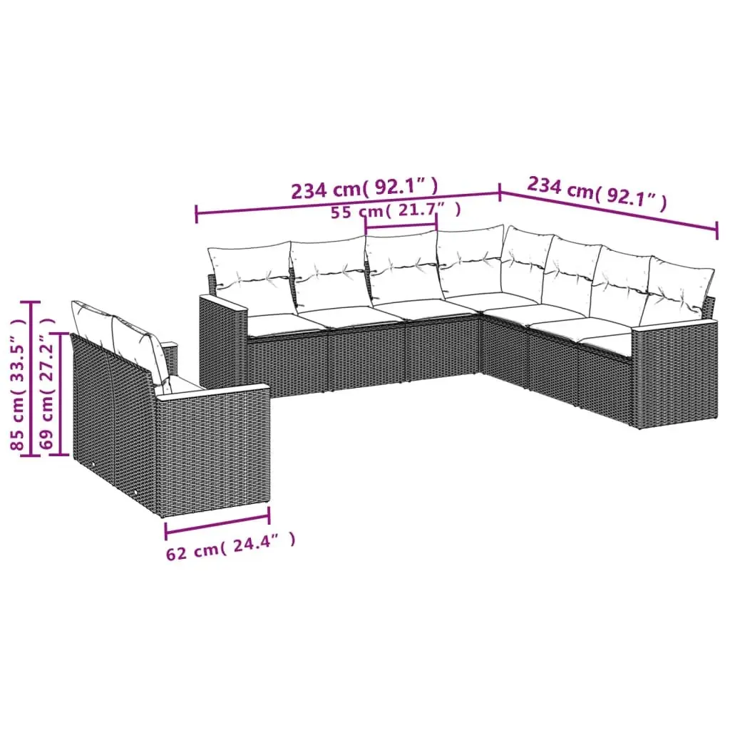 Garden Sofa Set 9 Piece Outdoor Furniture Black Modular Patio Sectional with