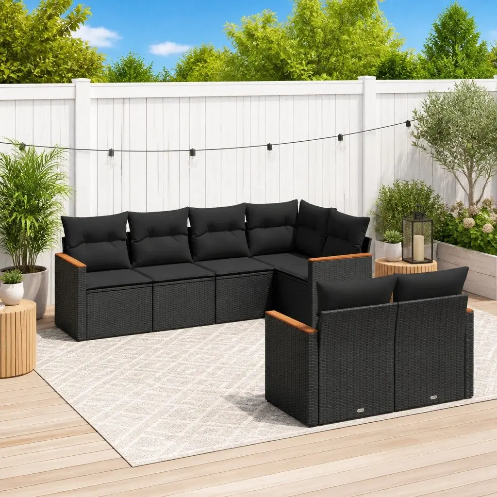 Outdoor Garden Sofa Set 7 Piece Black Poly Rattan Patio Furniture Modular