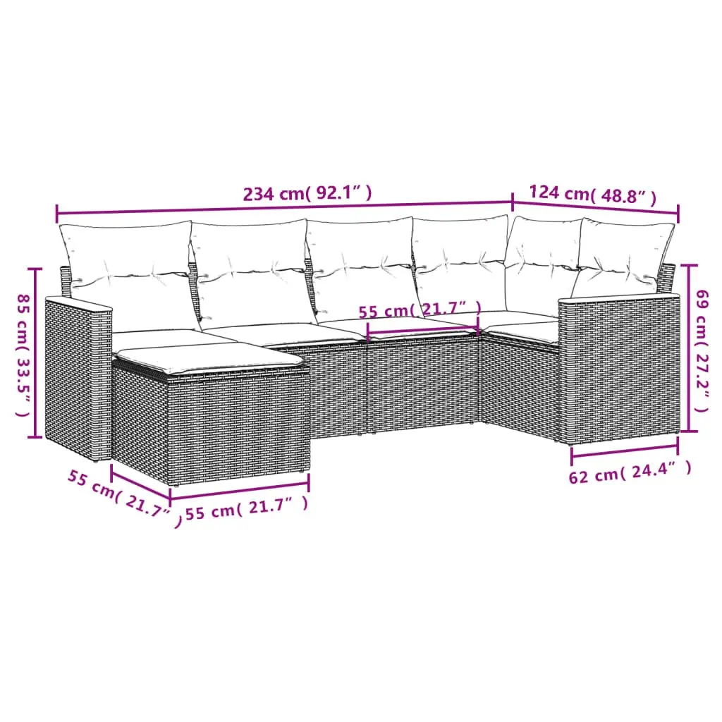 Garden Sofa Set 6 Piece Outdoor Furniture Patio Rattan Seating Grey Cushions