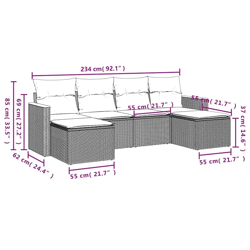 Modular Outdoor Sofa Set 6 Piece Black Cushions Garden Furniture Durable PE Rattan