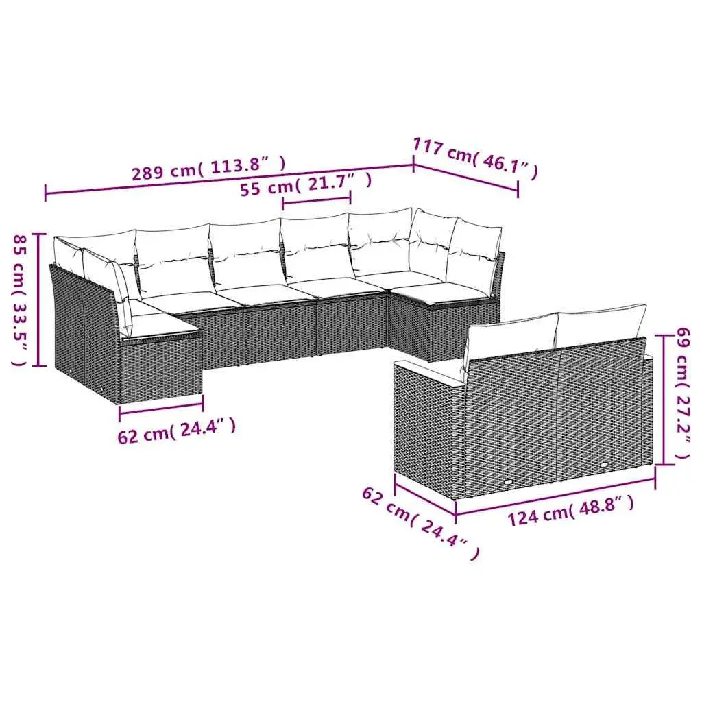 Garden Sofa Set 9 Piece Outdoor Furniture Patio Sectional with Cushions Black