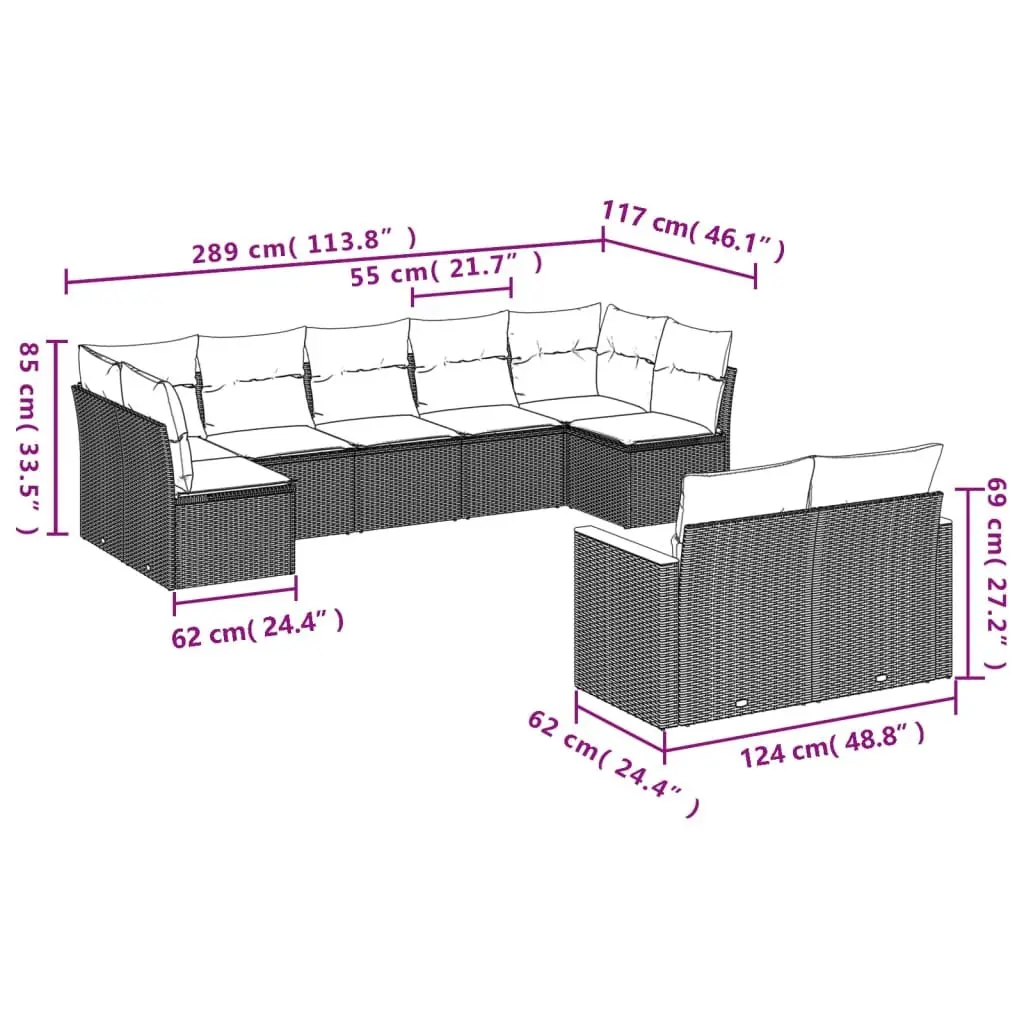 Garden Sofa Set 9 Piece Outdoor Furniture Black Poly Rattan Modular Patio Lounge