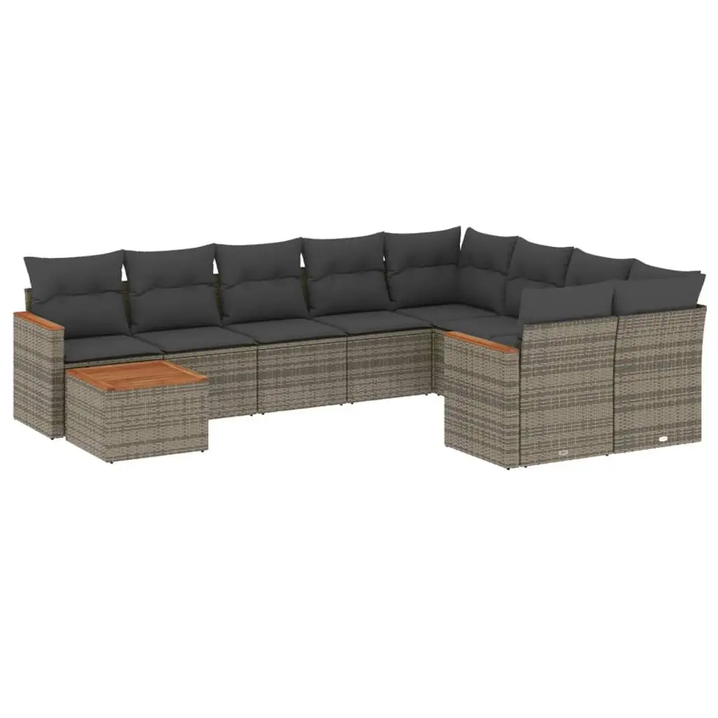 10 Piece Garden Sofa Set Modular Outdoor Furniture Grey PE Rattan Cushions Acacia Wood Table
