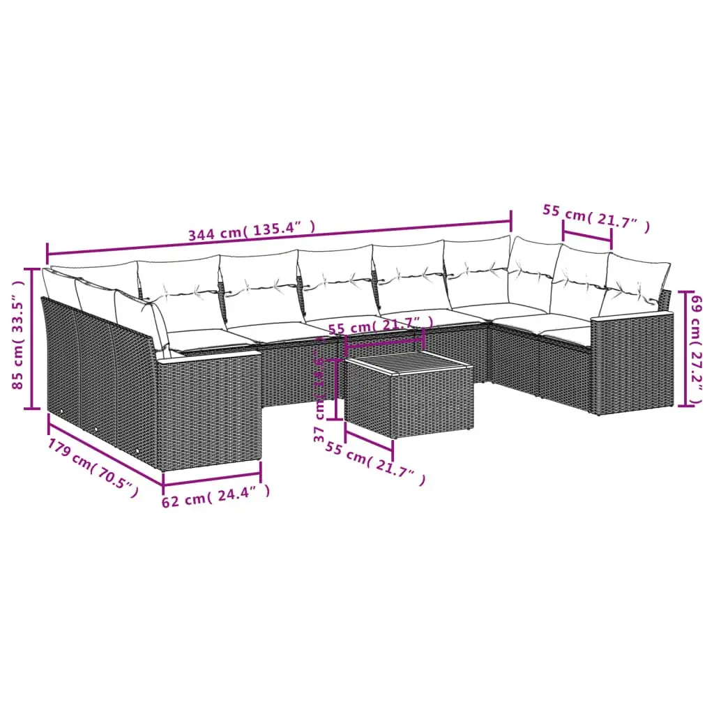 Garden Sofa Set 11 Piece Outdoor Furniture Patio Sectional Modular Grey with