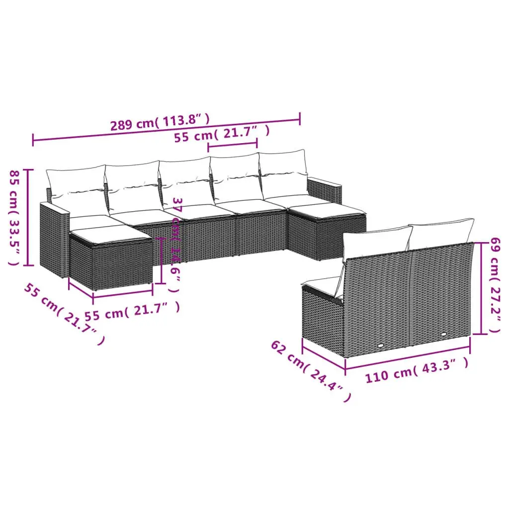 Garden Sofa Set Modular Grey Rattan 9 Piece Outdoor Patio Furniture