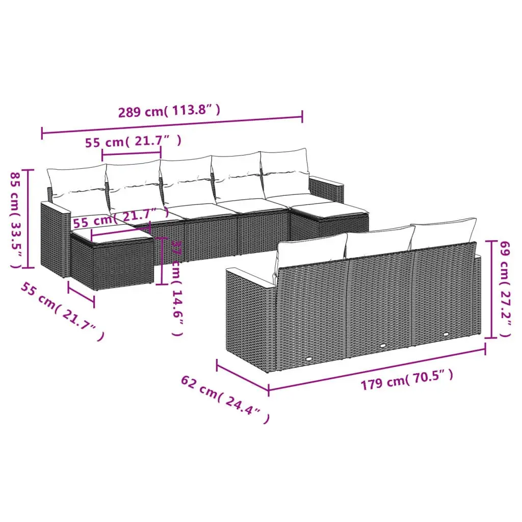 Garden Sofa Set 10 Piece Outdoor Furniture Patio Sectional with Cushions Grey