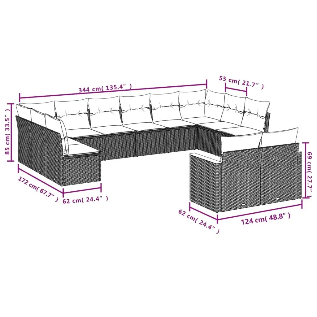 12-Piece Garden Sofa Set with Cushions Grey Outdoor Furniture Patio Lounger